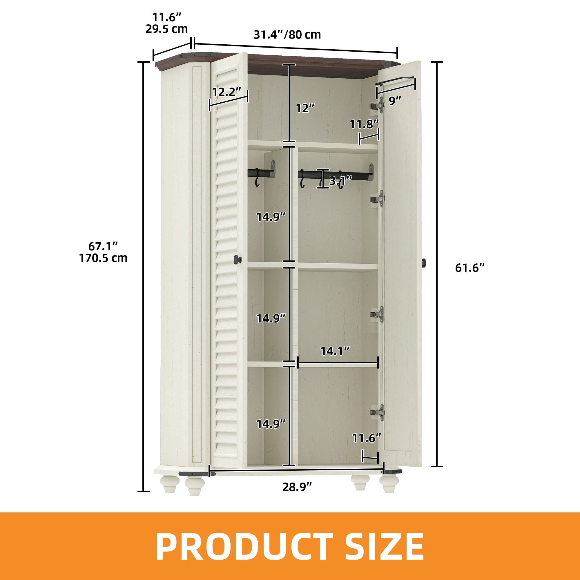 Craftian Pantry Storage Cabinet with Doors & Adjustable Shelves, 67"H Tool Cabinet with Hooks, White