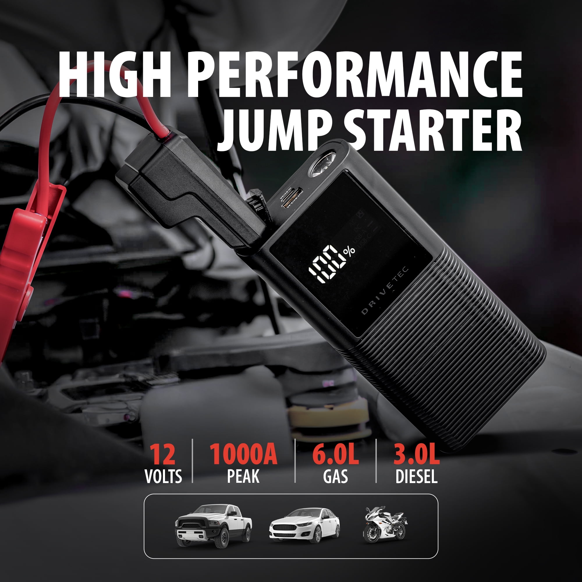 Drivetec 3-in-1 Portable Car Jump Starter – 1000A Battery Booster for 12V Vehicles, Up to 6.0L Gas & 3.0L Diesel – Compact Power Bank with LCD Display, USB-C, LED Flashlight, Smart Safety Clamps
