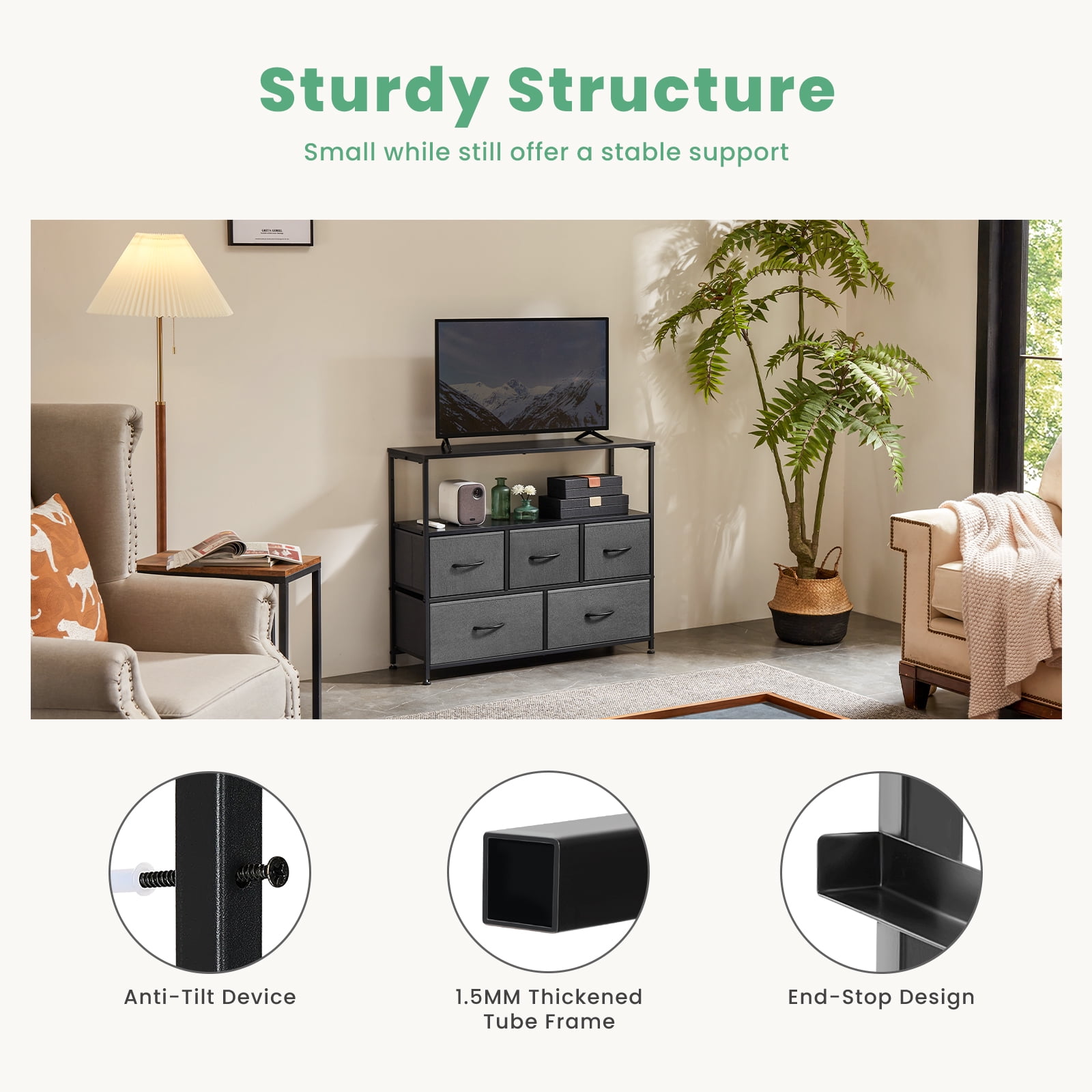 MAYEERTY TV Stand with Fabric Storage, Tower Storage Cabinet Dresser & Chest of 5 Drawers Organizer, Gray