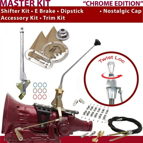 American Shifter TH400 Shifter Kit Chrome 12 in. E Brake Cable Clamp Clevis Trim Kit Dipstick for D97D9