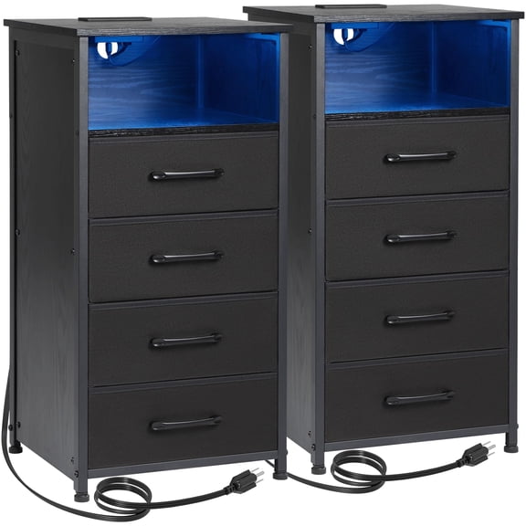 Night Stand Set 2, Tall Nightstand with Charging Station for Bedroom with 4 Drawers, LED End Tables with USB Ports and Outlets, Bedside Table with Storage Shelf, Black, HNS034BK