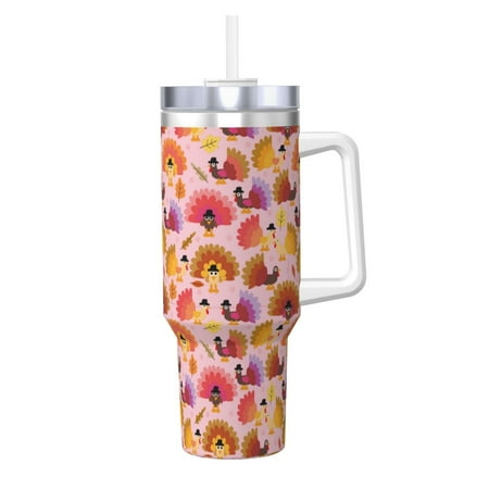 

Fuzoiu Happy Thanksgiving Turkey Print 40OZ Ice Bully Stainless Steel Insulated Cup with Handle and Straw - Perfect for Travel and Sports