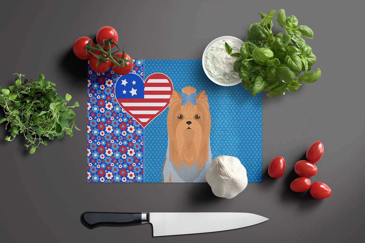 Blue and Tan Full Coat Yorkshire Terrier Glass Cutting Board Large 12 in x 15 in