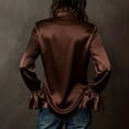 thumbnail image 5 of Women's Satin Button Down Shirt, Long Sleeve Bell Sleeve Blouse, Elegant Solid Color Collared Top for Wrinkle Resistant Formal Office Wear and Daily Outfits Brown L, 5 of 5