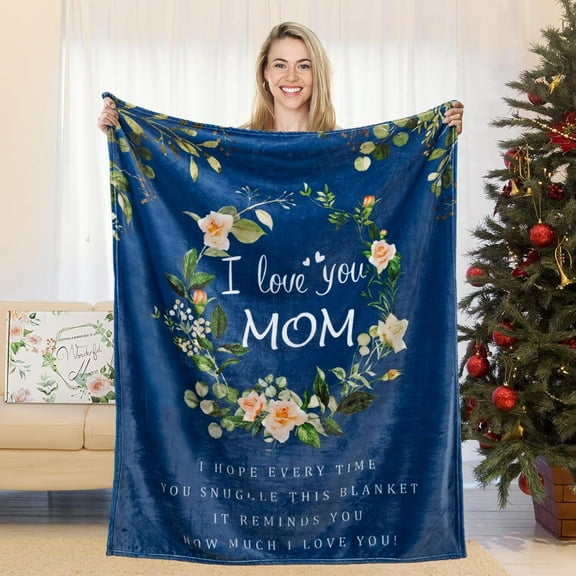 Gifts for Mom, Mom Gifts, Mom Birthday Gifts, Christ-mas Gifts for Mom from Daughter, Mom Gifts from Son, I Love You Mom Blanket, Soft Flower Throw Blanket 60" x 50", Blue