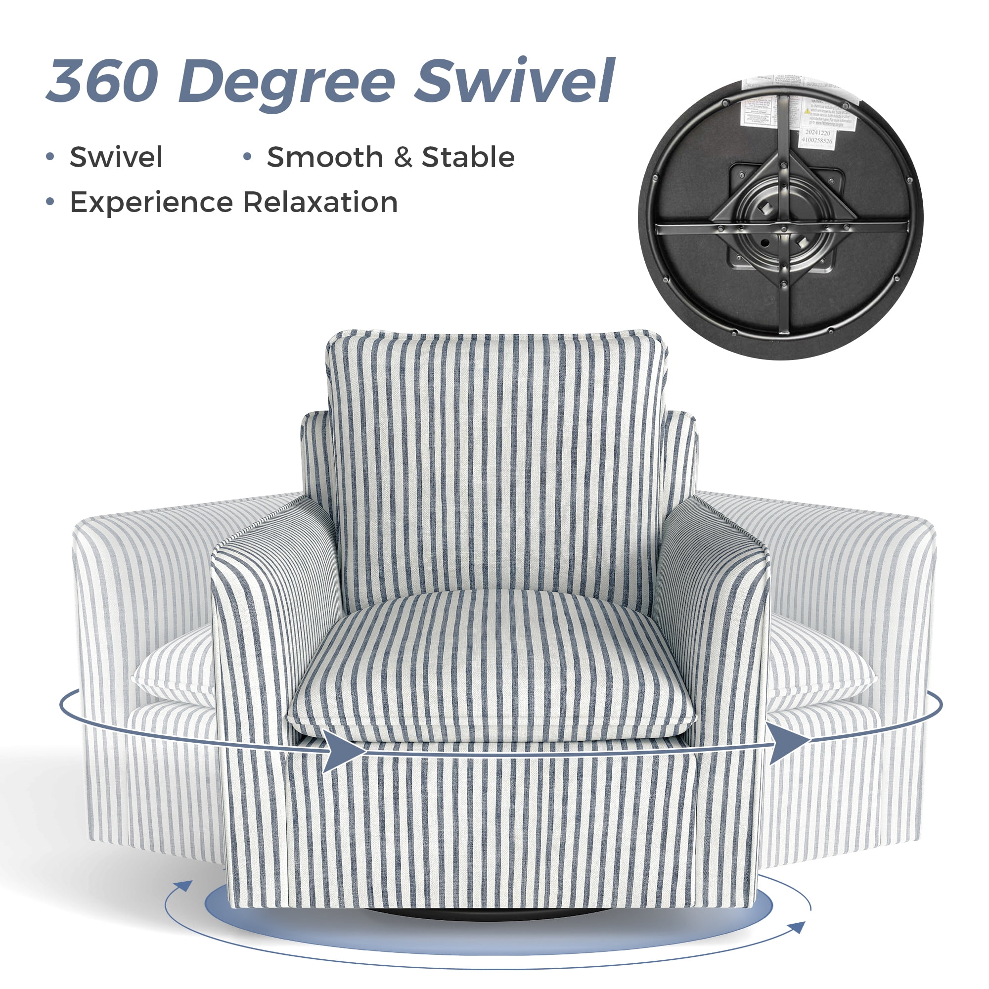 Ebello 360° Swivel Chair with Thick Padded Backrest Cushion – Fabric Square Accent Chair for Living Room, Bedroom, Office – Fully Assembled, Blue Stripe
