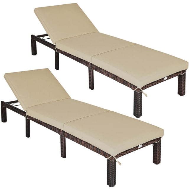 Gymax 2 Pcs Chaise Longue Inclinable en Rotin pour Patio Extérieur avec Coussin à 6 Positions
