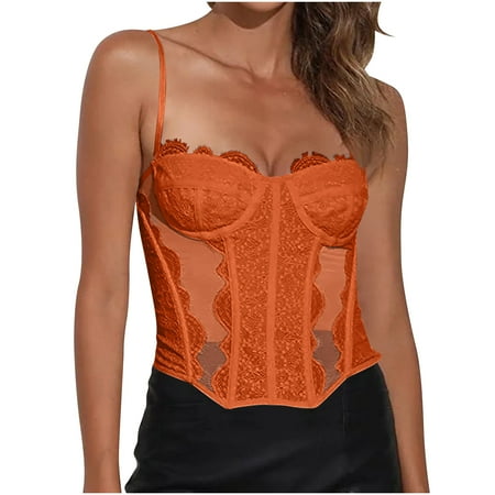 Gnurob on Sale Women Corset Tops Lace Mesh Bra Spaghetti Strap Bralettes Sexy Shapewear Bras Date Night Top Going Out Party Club Shirt Clearance Orange Medium