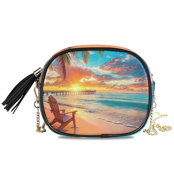 Womens Casual Chain Shoulder Bag Simple style Beach Sunset with Palm Trees Crossbody Bag