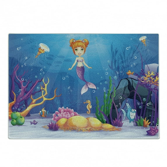 Mermaid Cutting Board, Underwater World Little Girl and Different Type of Fish Art, Decorative Tempered Glass Cutting and Serving Board, Small Size, Multicolor, by Ambesonne
