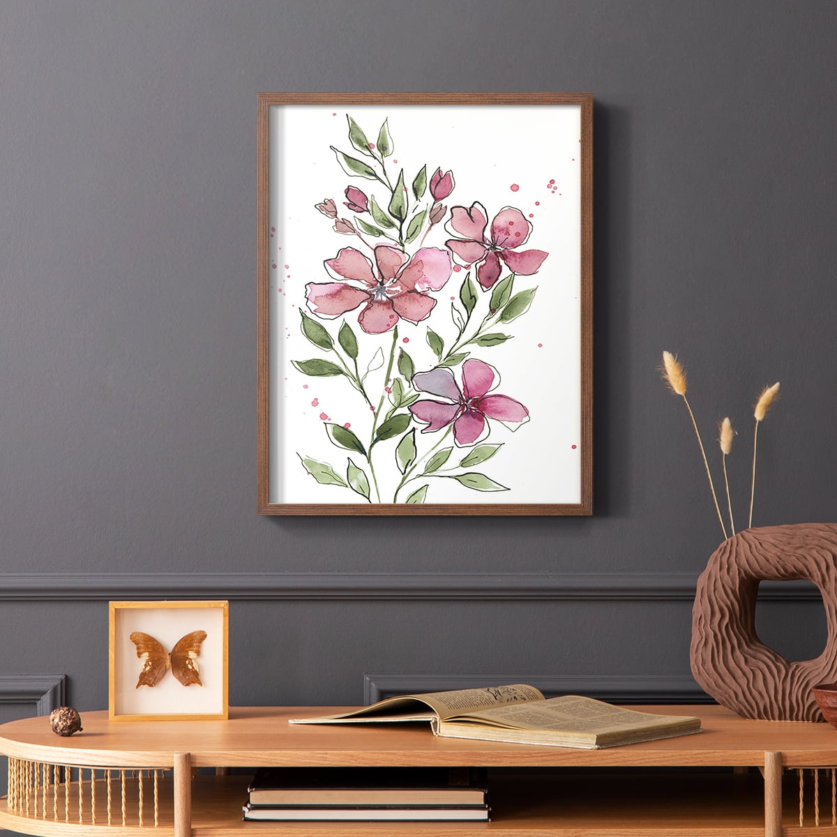 Watercolor Floral Stems I Framed Print in Brown Solid Wood 11 x 14 Framed Print