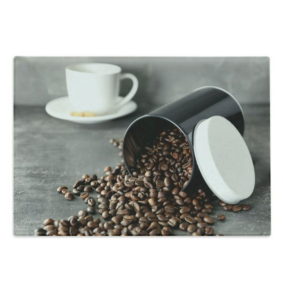 Espresso Grey Cutting Board, Real Life Photo of Poured Roasted Coffee Beans with Blurry Backdrop Cup, Decorative Tempered Glass Cutting and Serving Board, in 3 Sizes, by Ambesonne