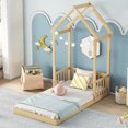 thumbnail image 3 of Montessori Twin Size Floor Bed, Wooden Bed Frame with House-Shaped Roof and Headboard Guardrails, Floor Bed for Boys, Girls, Without Slats, Easy to Assemble, No Box Spring Needed,, 3 of 9