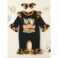thumbnail image 2 of Seyurigaoka 2 Pcs Baby Girls Jumpsuits Outfit Halloween Pumpkin Letter Printed One-Pieces Long Sleeves Ruffle Romper and Headband Set for 0-24M Toddler Kids, 2 of 9