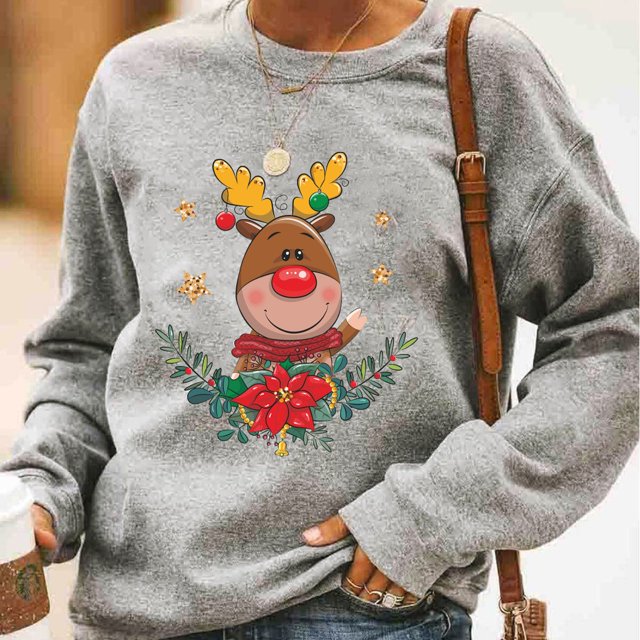 Ruimatai Pull de Noël pour Femmes Col Rond Imprimé Cerf Manches Longues