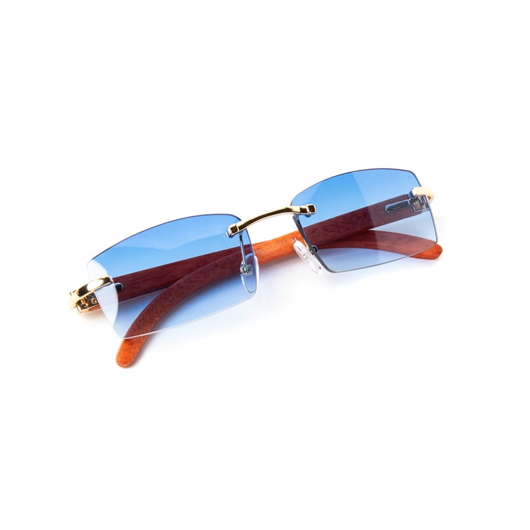 Blue Rectangle Sunglasses Vintage Woodgrain Rimless Gold  display picture 2