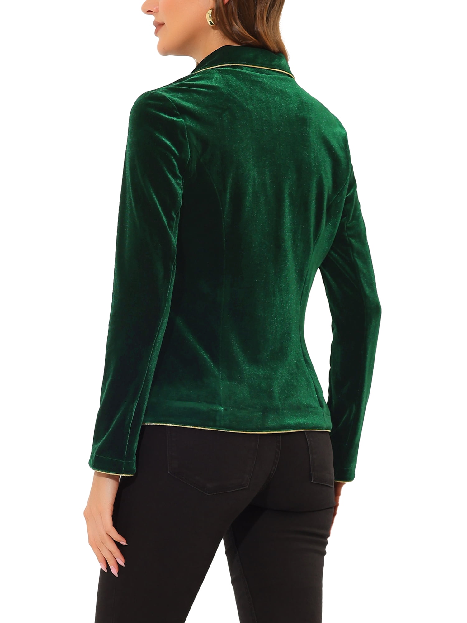 Unique Bargains Women's One Button Notched Lapel Long Sleeves Velvet Blazer S Dark Green