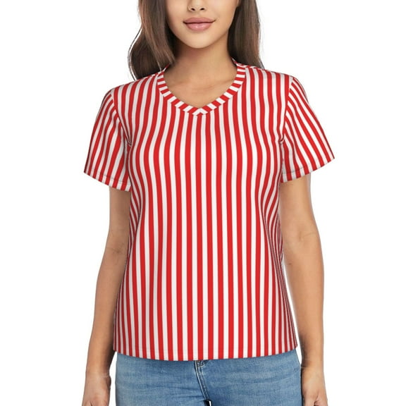 Xecao Red And White Stripes for Women's V-Neck T-Shirts-Elegant Half-Sleeve Tops Perfect for Summer-Small