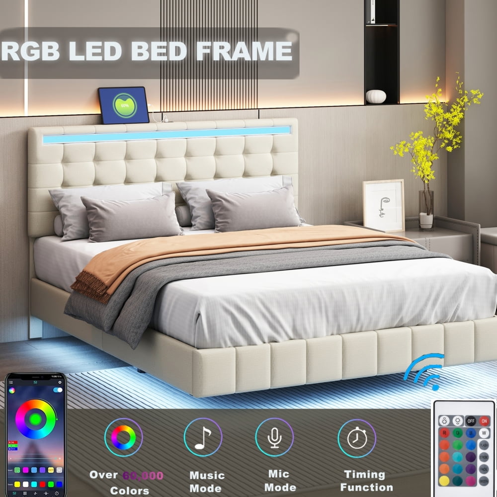 Queen Size Floating Bed Frame with LED Lights and USB Charging Station, Modern Platform Bed with Headboard,Wood Slats Support,No Box Spring Needed,Beige+Linen