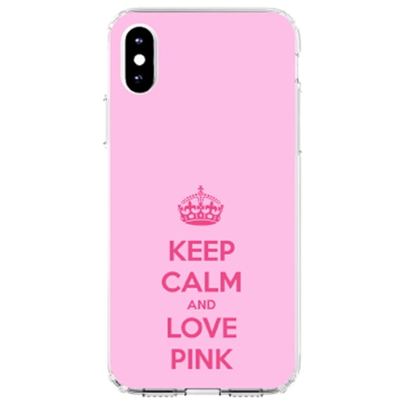 DistinctInk Clear Shockproof Hybrid Case for iPhone XR (6.1" Screen) - TPU Bumper, Acrylic Back, Tempered Glass Screen Protector - Keep Calm and Love Pink