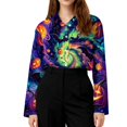 thumbnail image 5 of Delconic Womens Halloween Print Button Down Shirt Long Sleeve Casual Regular Fit Collared Blouse Floral Ghost Pattern Top Purple L, 5 of 7