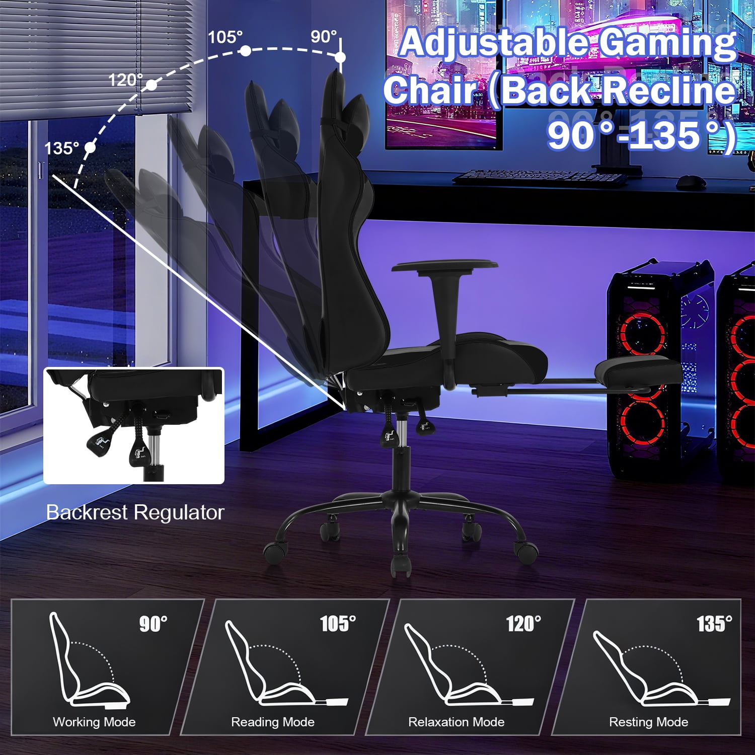 NiamVelo Gaming Chair with Footrest, Racing Style Gamer Chair for Adults&Teen, High Back Reclining Game Chair with Headrest and Lumbar Support, Computer Chair Desk Chair 250lb Capacity （Black）