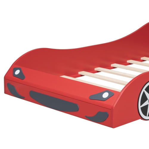 Twin Size Car-shaped Platform Bed with LED and Upholstered Backrest Headboard, Platform Bed Frame with Wheels and Safety Guardrails, No Box Spring Needed, Red