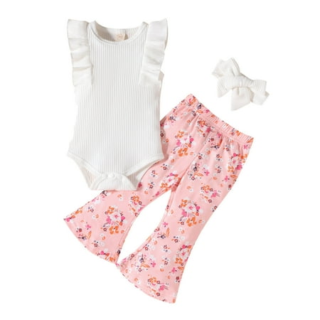 

Rovga Outfits For Girls Toddler Summer Clothes Sleeveless Ribbed Romper Bodysuit Floral Flare Pants With Headband Outfits 3Pcs Set For 12-18 Months