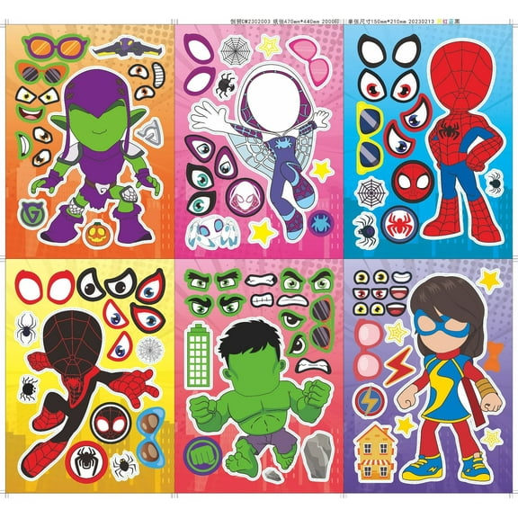 24 Pcs Super hero Make-a-face Stickers Pack, Mixed & Matched with 6 Designed Characters(4 of Each) Stickers, Make Your Own Stickers for Teens Party Decoration, Reward, Decor, Gift Idea