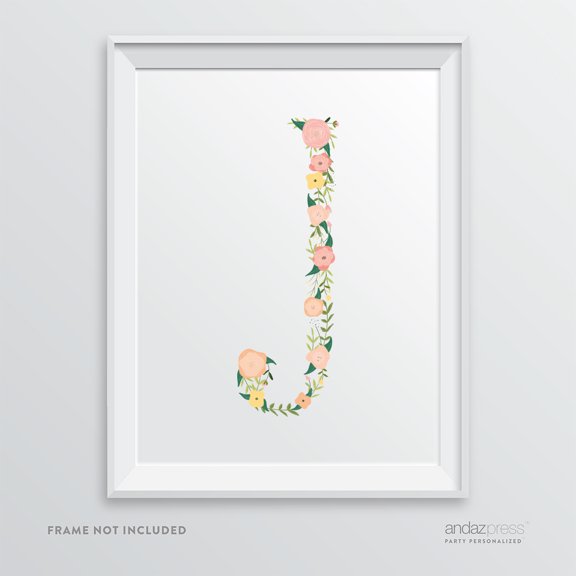 J Monogram Wall Art Letters, Coral Floral Roses