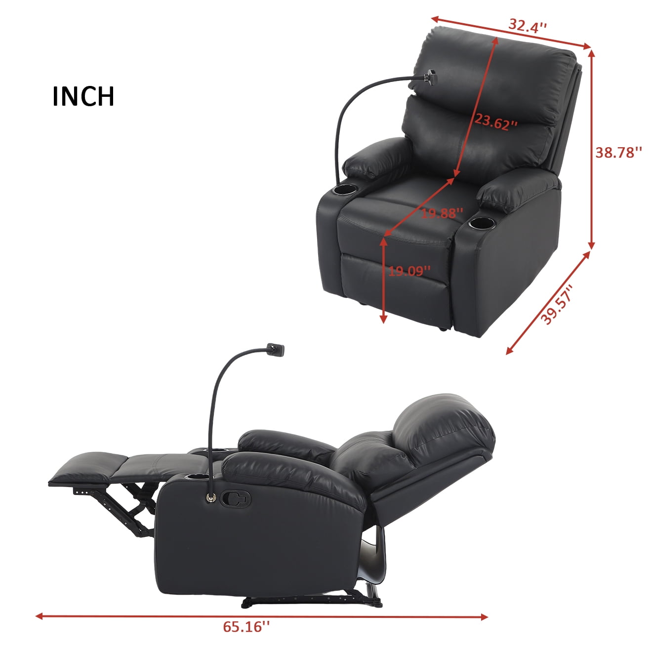 BSHTI Manual Recliner Chair with Phone Holder & Cup Holders, PU Upholstery, Ergonomic Backrest, Solid Wood Frame for Living Room & Bedroom(Black)
