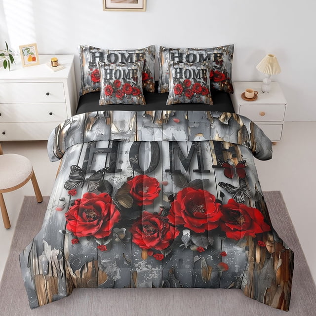 Valentine's Day 7 Pcs Comforter Set,Romantic Red Roses Butterfly Bedding Set,Vintage Gray Wooden Plank Rustic Farmhouse Bed Set(Comforter+Fitted+Flat Sheet+Pillowcases+Pillow Covers),Full