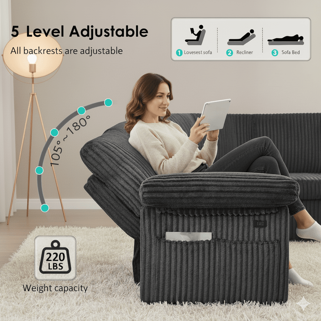 TiramisuBest 81'' Modular Sectional Sofa, Convertible Sleeper Sofa Bed with Pull Out Couch, Corduroy V Shaped Sectional Couches with Storage Seat for Living Room Bedroom (Dark Grey)