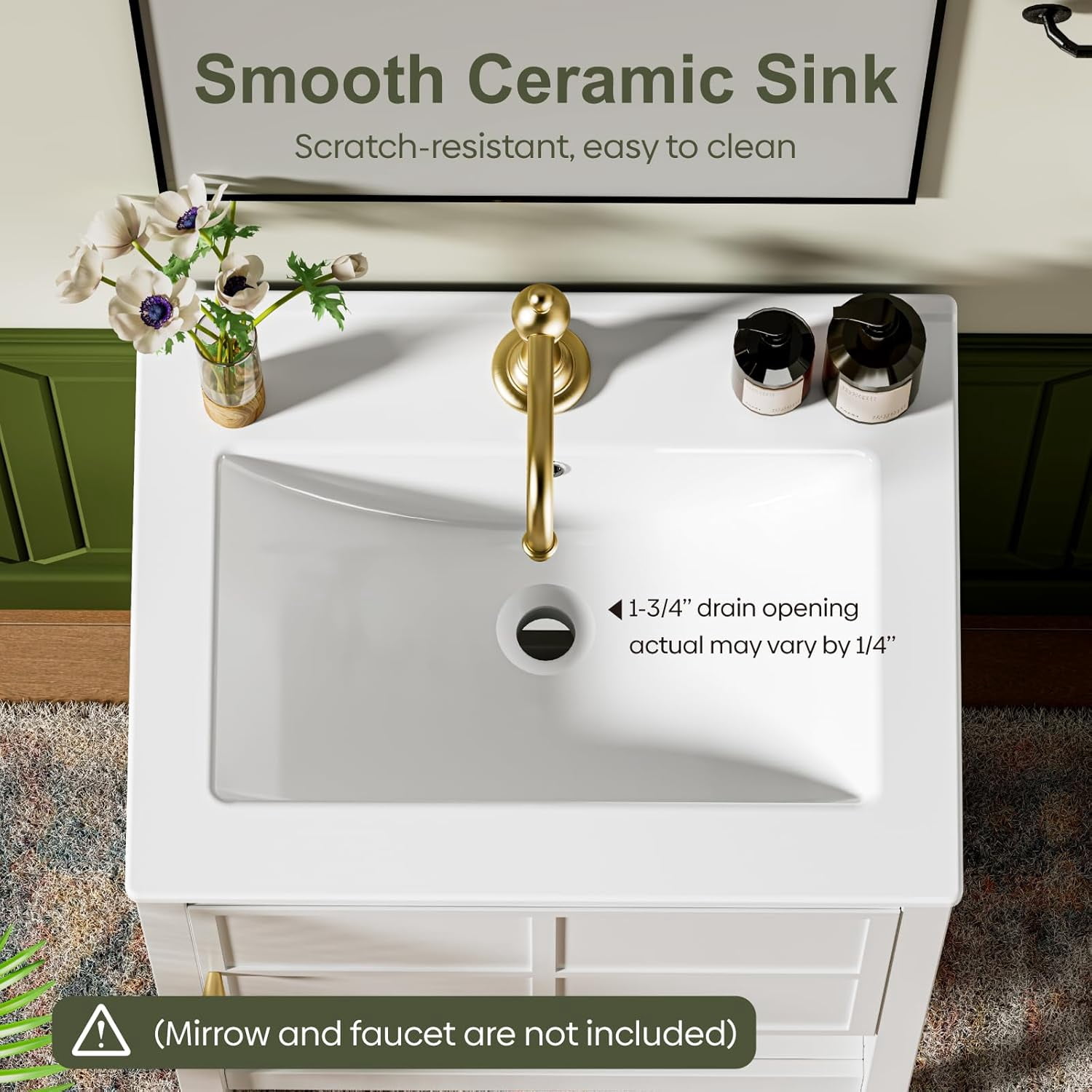 EVOKEDEN Bathroom Sink, Bathroom Counter Top 24'' x 18'', Rectangular Porcelain Ceramic Vanity Basin with Overflow, Single Sink Basin Vanity Top, Glossy White