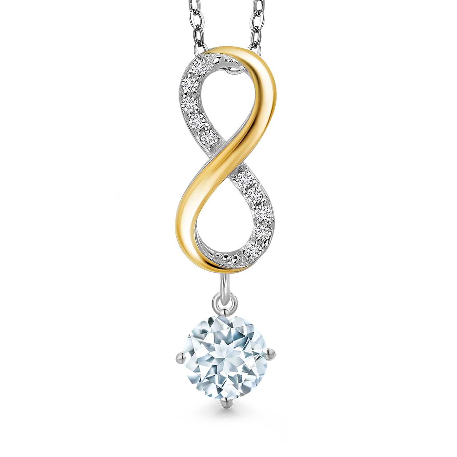 Gem Stone King 925 Silver and 10K Yellow Gold Sky Blue Aquamarine and Lab Grown Diamond Pendant Necklace for Women | 0.83 Cttw | Gemstone March Birthstone | Round 6MM | With 18 inch Silver Chain