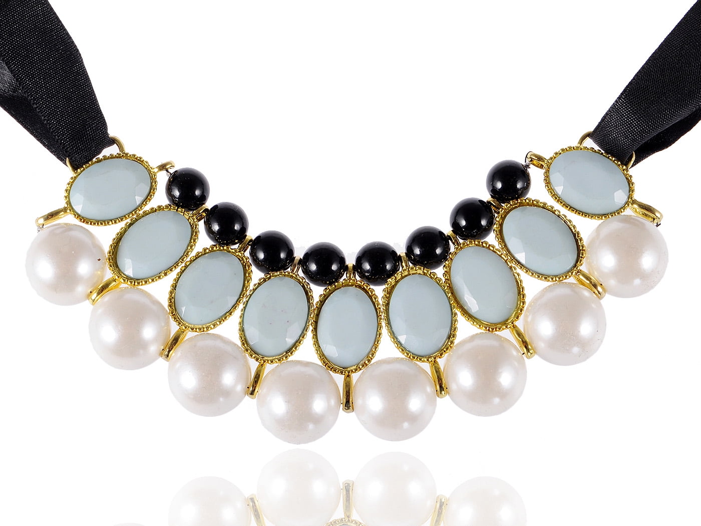 Chunky Cream Faux Pearl Statement Collar Bib Tie Necklace with Colored