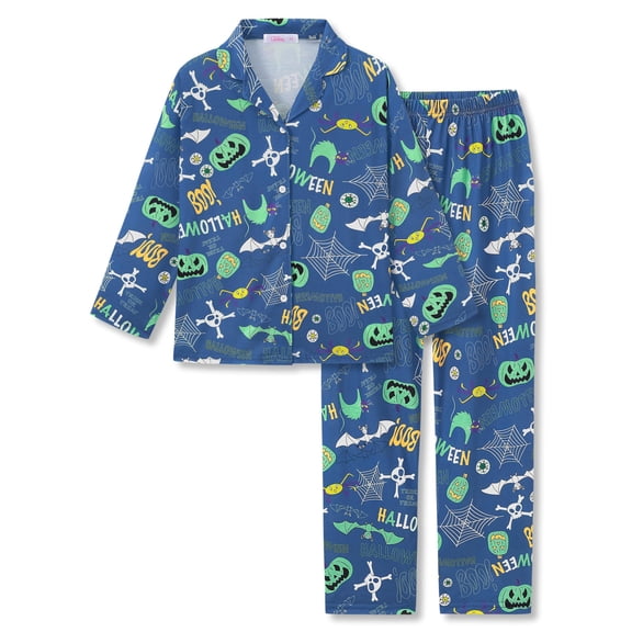 Beezizac Boys 2-Piece Pajamas - Blue Bats Ghosts Pumpkins Print Long Sleeve Notch Collar Button Soft PJs Size 10