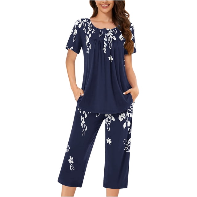 COM1950s Shorts pour Femmes, Ensembles de Pyjama pour Femmes, Blouse Décontractée à Col Rond Manches Courtes Mode Pantalon Ensemble de Pyjama, Pyjamas pour Femmes, Blouses pour Femmes, Blouses pour Femmes Mode