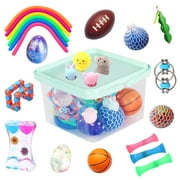 24 Pack Bundle Sensory Fidget Toys Set-Liquid Motion Timer/Grape Ball/Mochi Squishy/Stretchy String/Flippy Chain/Easter Egg/Marble Mesh/Squeeze Bean/Cube for Autistic Kids ADHD Anti-stress Toy