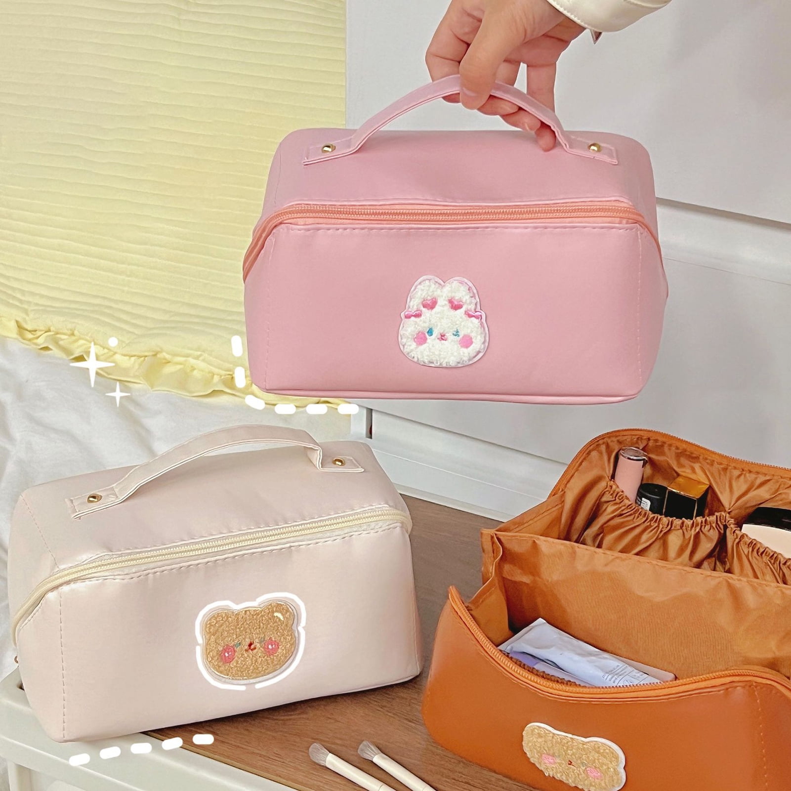 MIXEN Makeup Bag, Cute Portable, Large Opening with Brush Compartment and  Handle, Cute, Lightweight, Waterproof, Vanity Pouch, Cosmetic Pouch, Travel