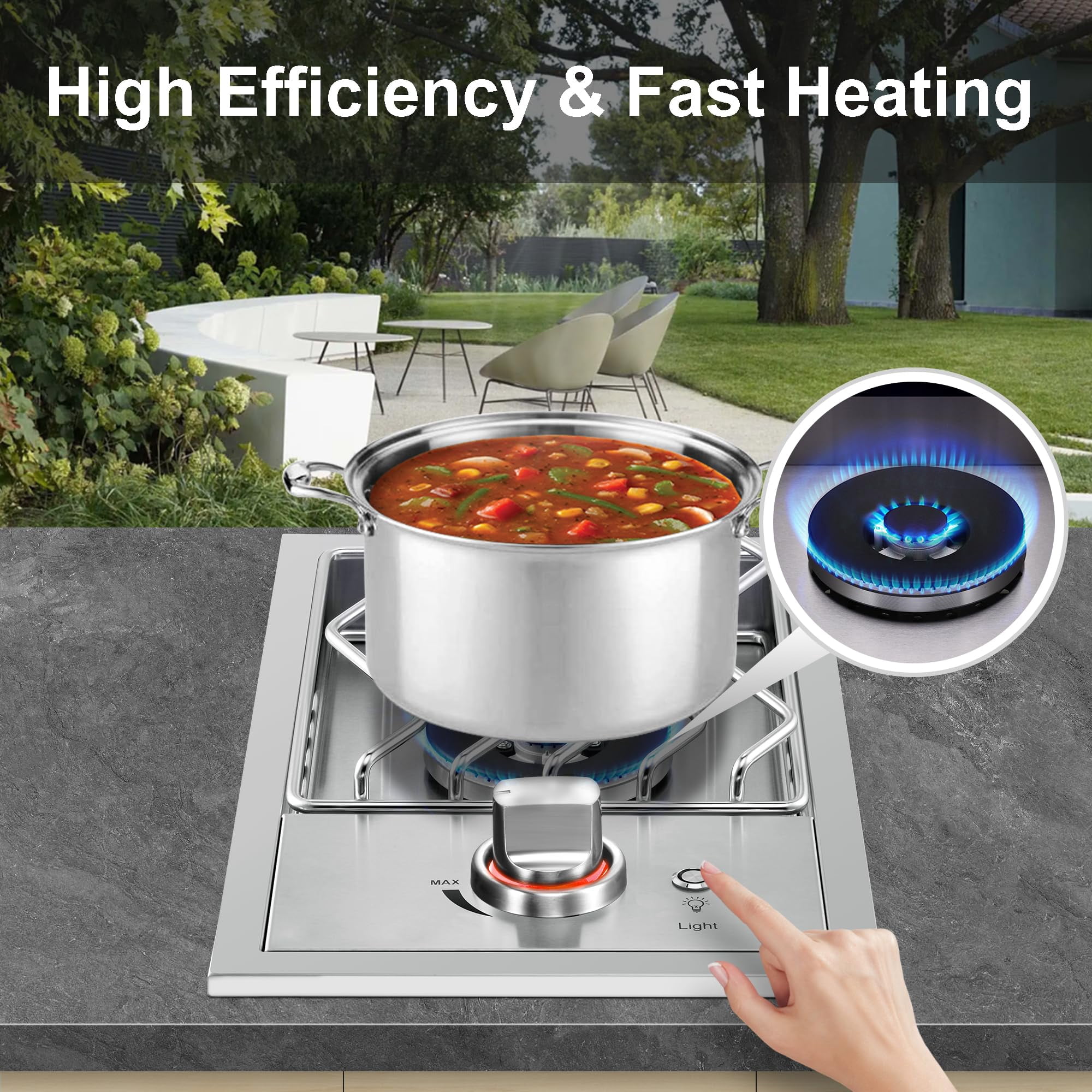 Single Grilling Side Burners for Outdoor Kitchen, 15,000BTU Liquid Propane Side Burner, Duty Heavy 304 Stainless Steel, Convertible to Natural Gas, Drop-in Side Burner for Outdoor BBQ Grill Island