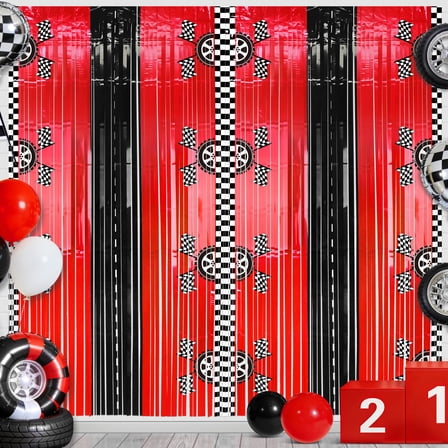 Sinekong 2pcs Race Car Foil Fringe Curtains Backdrop Birthday Party Decorations, Black White Red Party Streamers Decor