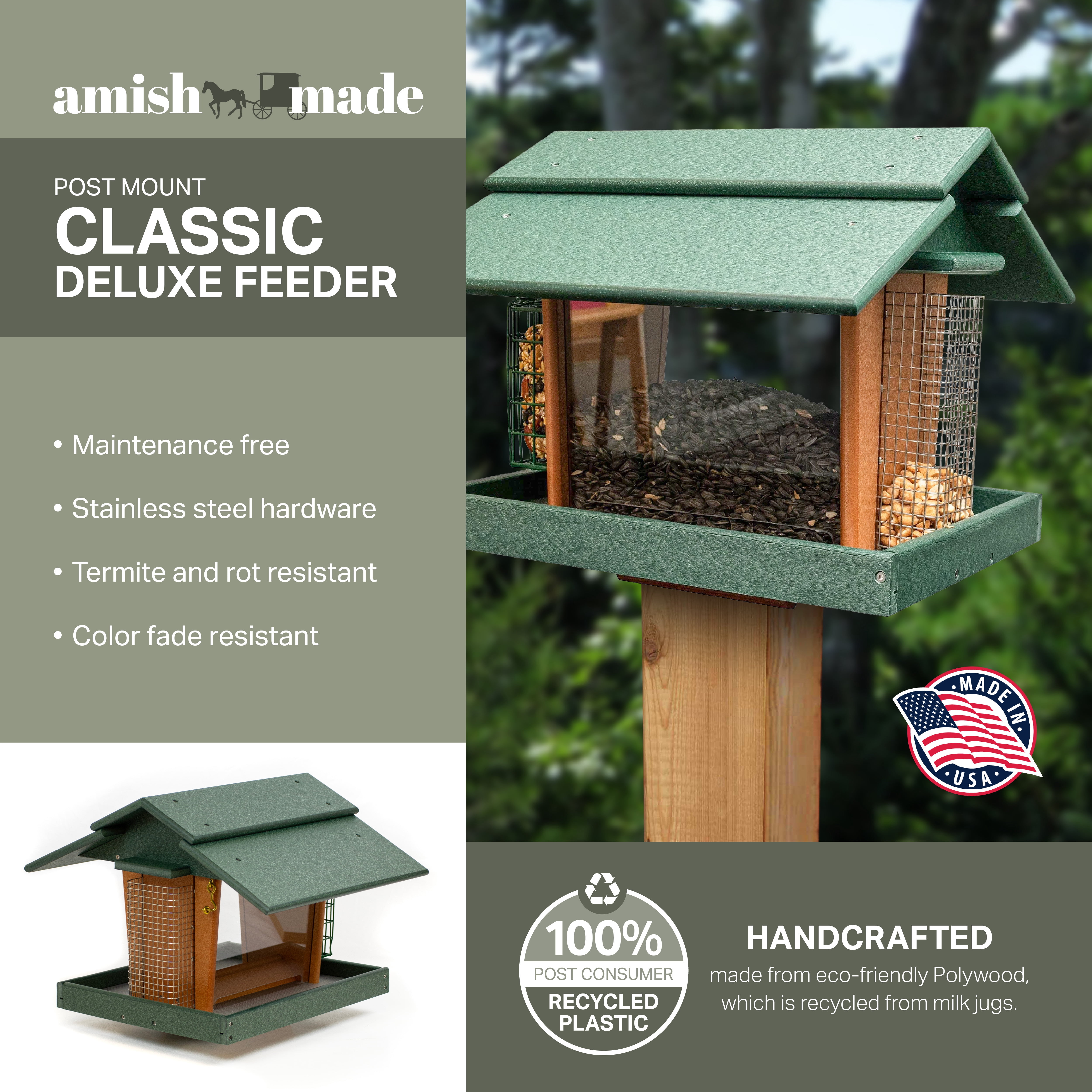 Outdoor Leisure Products Model GM2-1TGC Classic Deluxe Bird Feeder Made with High Density Poly Resin finishe in Turf Green and Cedar
