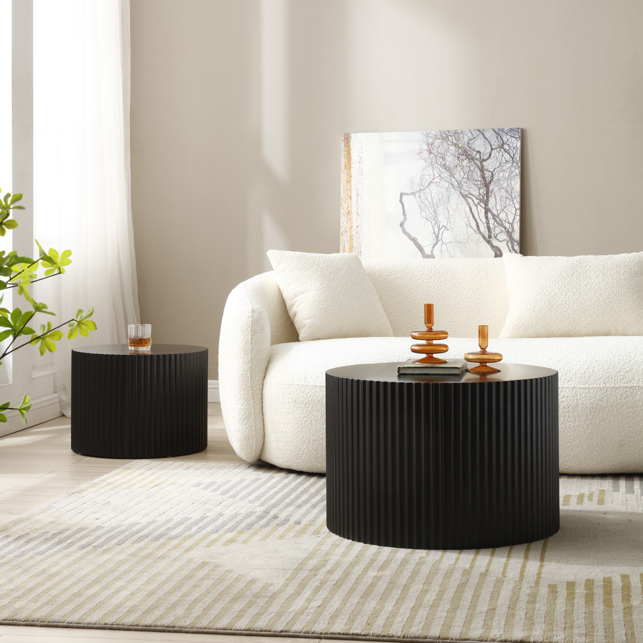 Noble House Nesting Round Coffee Tables, Modern MDF Handcrafted Relief for Living Room, Matte Black, Set of 2