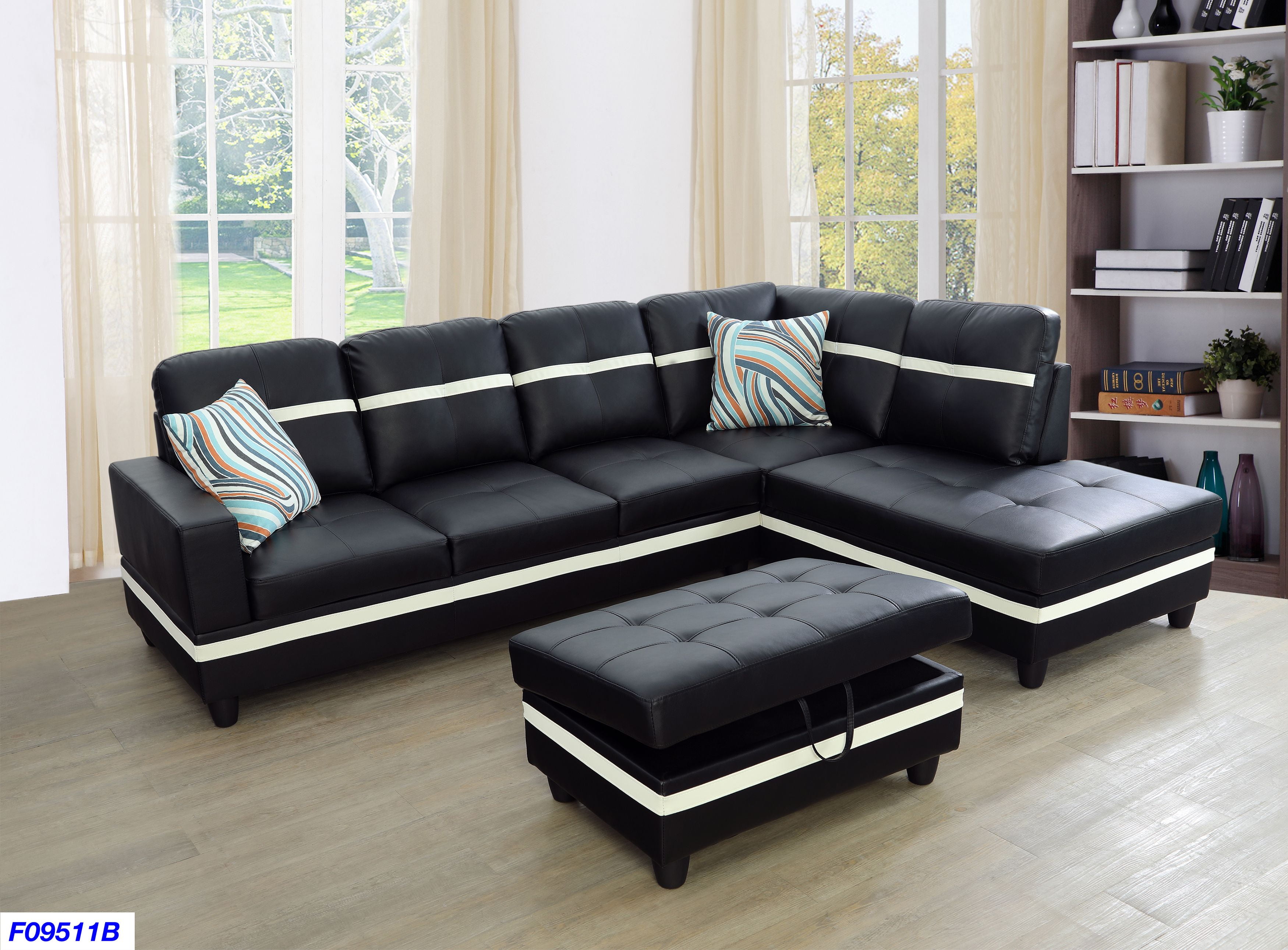 Ultra Contemporary Top Grain White/Black Leather Sectional Sofa w Curved Chaise 