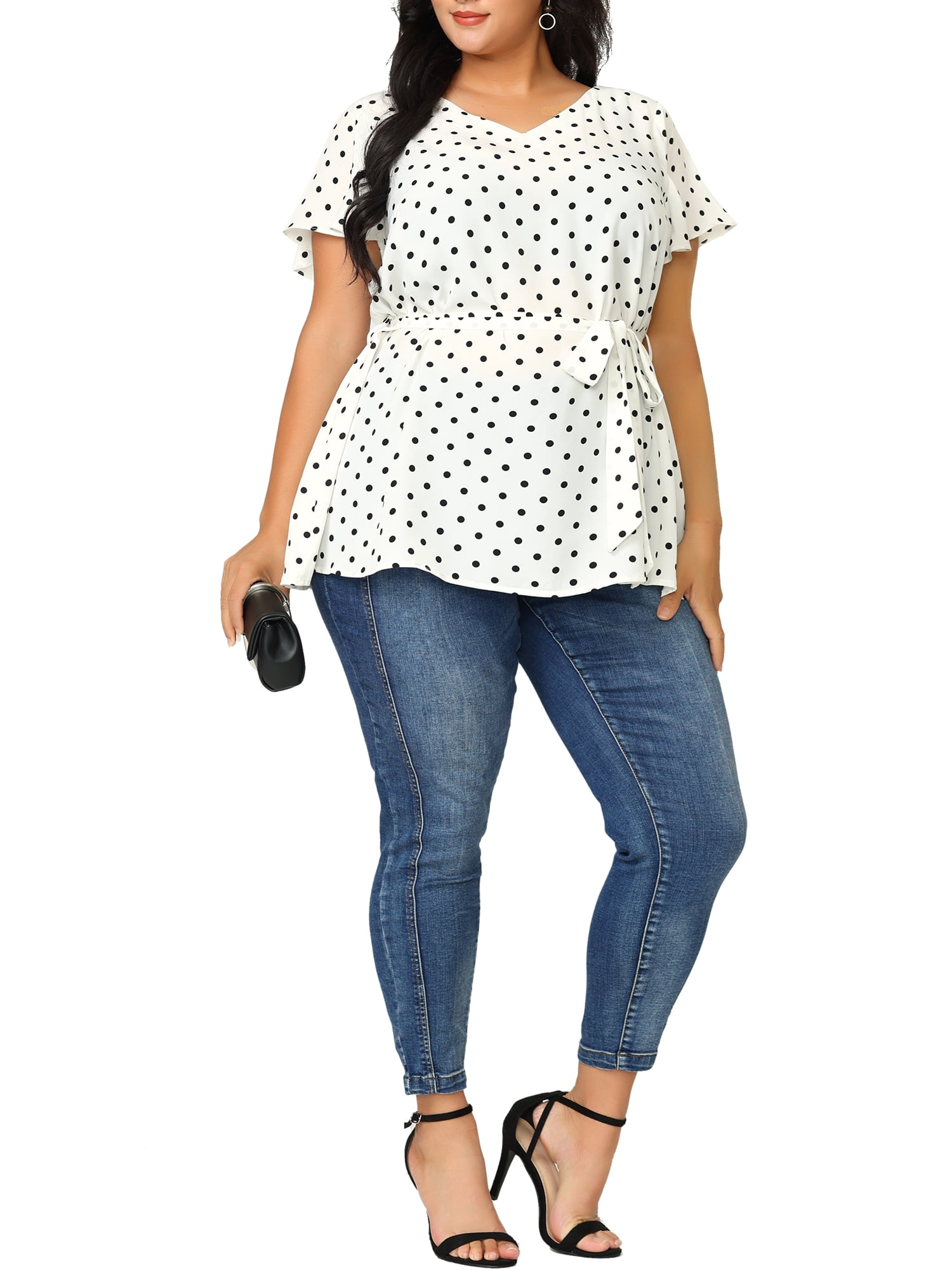 Unique Bargains Women's Plus Tops V Neck Tie Waist Polka Dots Ruffle Short Sleeve Blouse 4X White