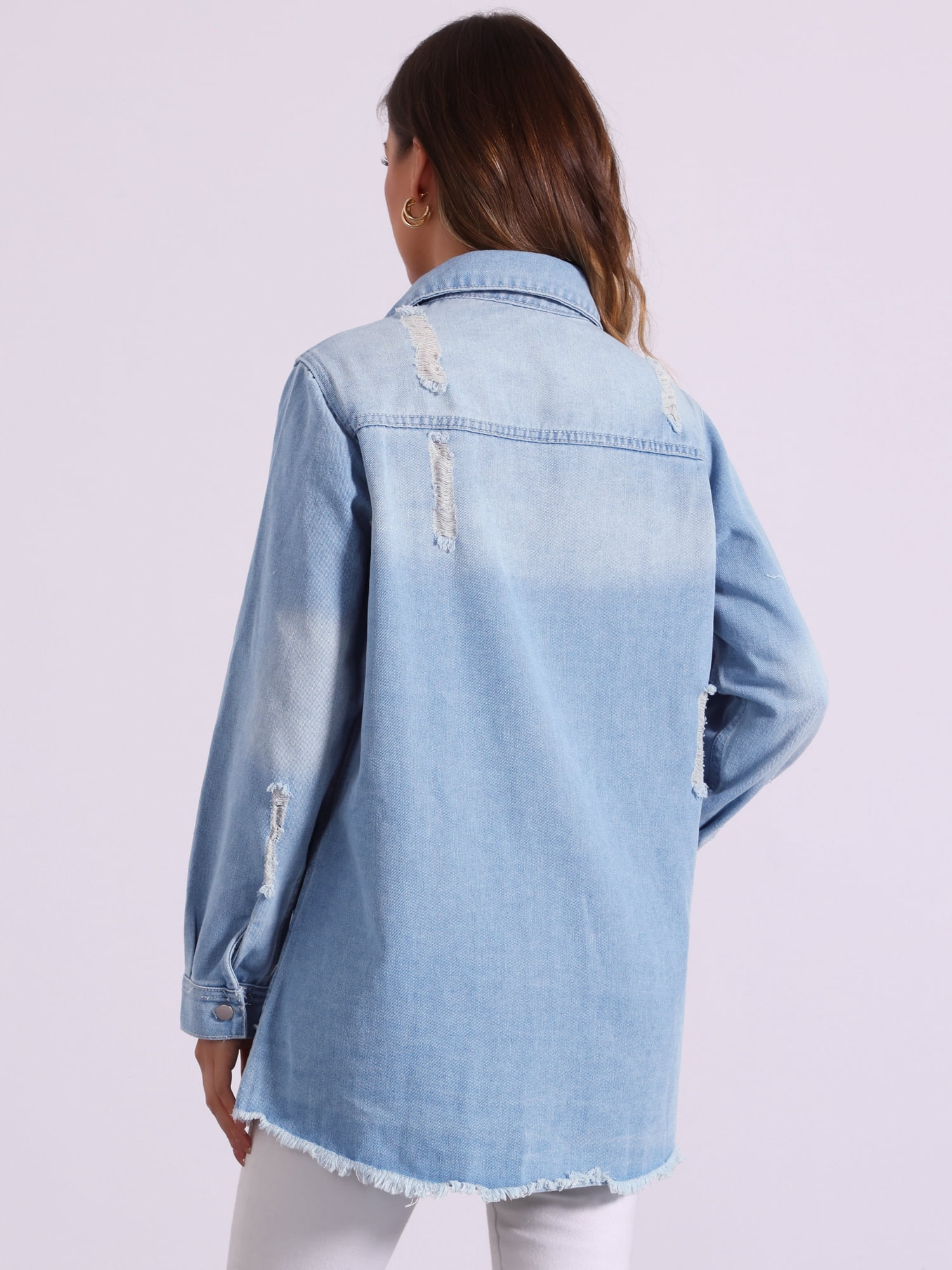 DARING DIVA Women's Distressed Frayed Hem Denim Jacket L Light Blue