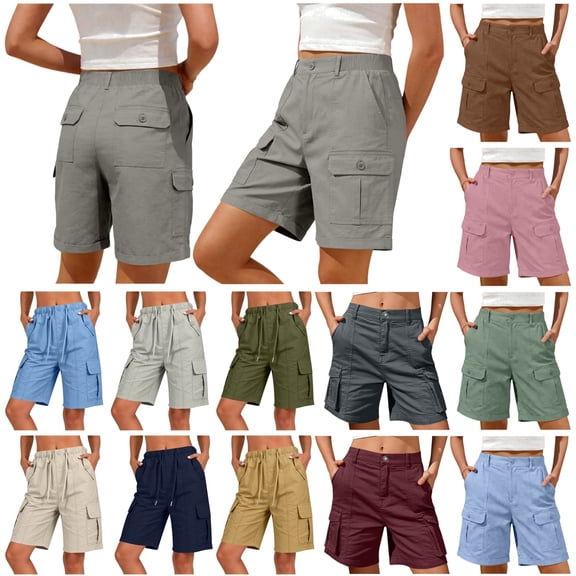 QATAINLAV Gray Bermuda Cargo Shorts for Women Knee Length Long Hiking Shorts with Pockets Solid Color Casual Short Work Pants M