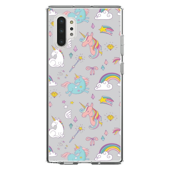 DistinctInk Clear Shockproof Hybrid Case for Galaxy Note 10 PLUS (6.8" Screen) - TPU Bumper, Acrylic Back, Tempered Glass Screen Protector - Unicorn Rainbow Wand Pattern - Grey