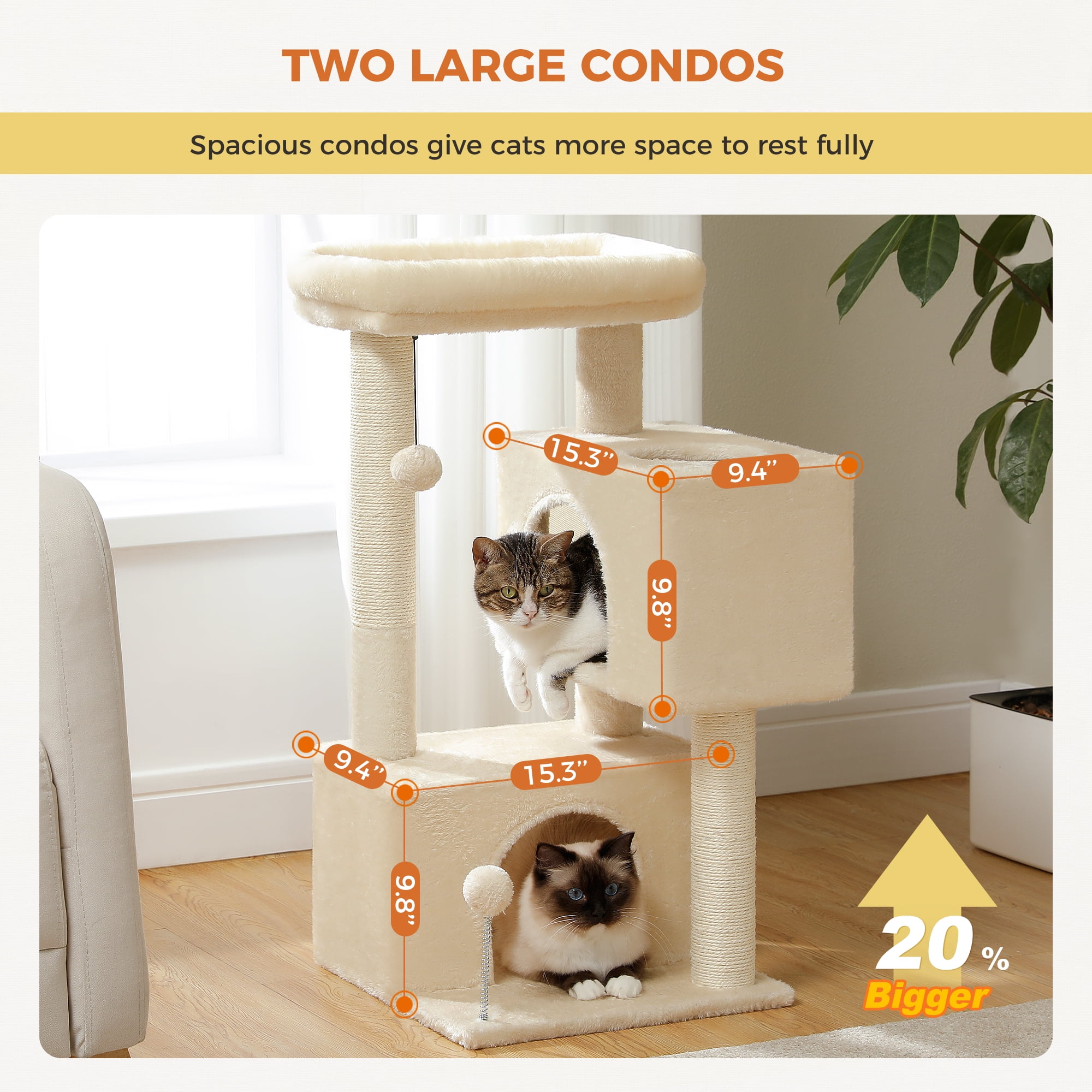 PEQULTI 31.5" Modern Cat Tree Tower with Dual Large Condos for Kitten ＆ Medium Size Cat Beige